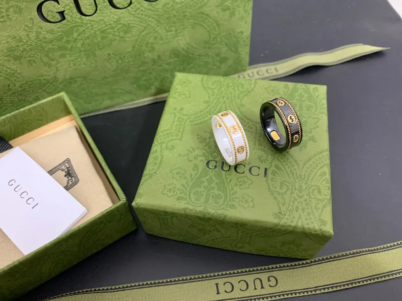 Gucci Black and Gold Interlocking G Motif Wide Band Ring 9