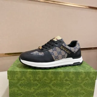 Gucci Black Beige GG Monogram Canvas Leather Overlays Lifestyle Sneakers