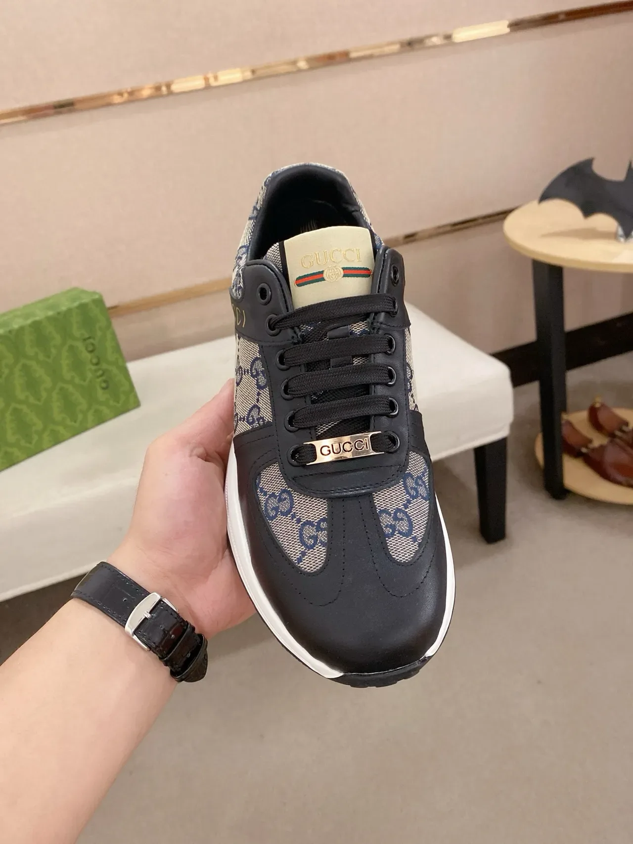 Gucci Black Beige GG Monogram Canvas Leather Overlays Lifestyle Sneakers 2