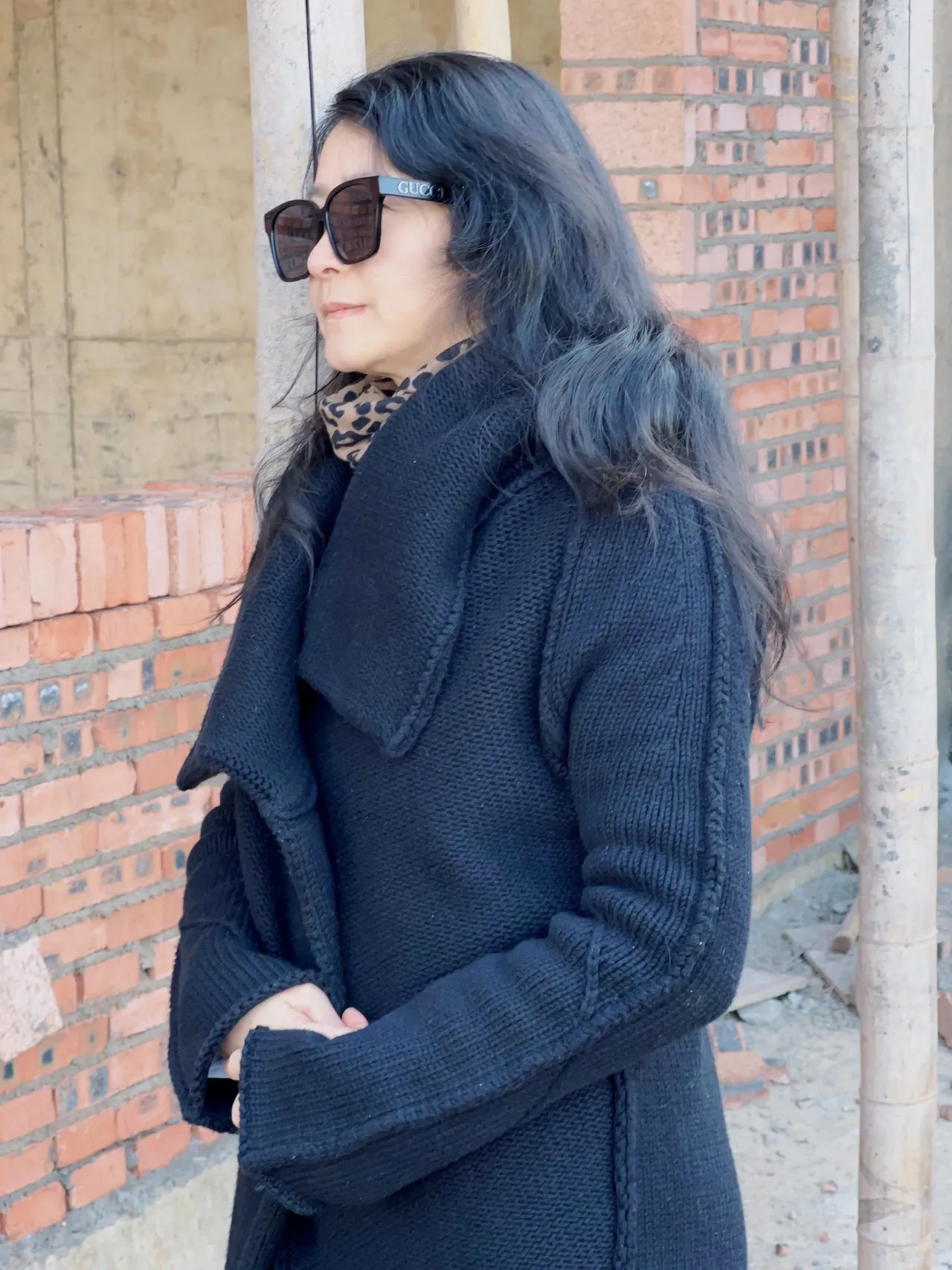 Gucci Black Beige Oversized Knit Draped Collar Coat 8
