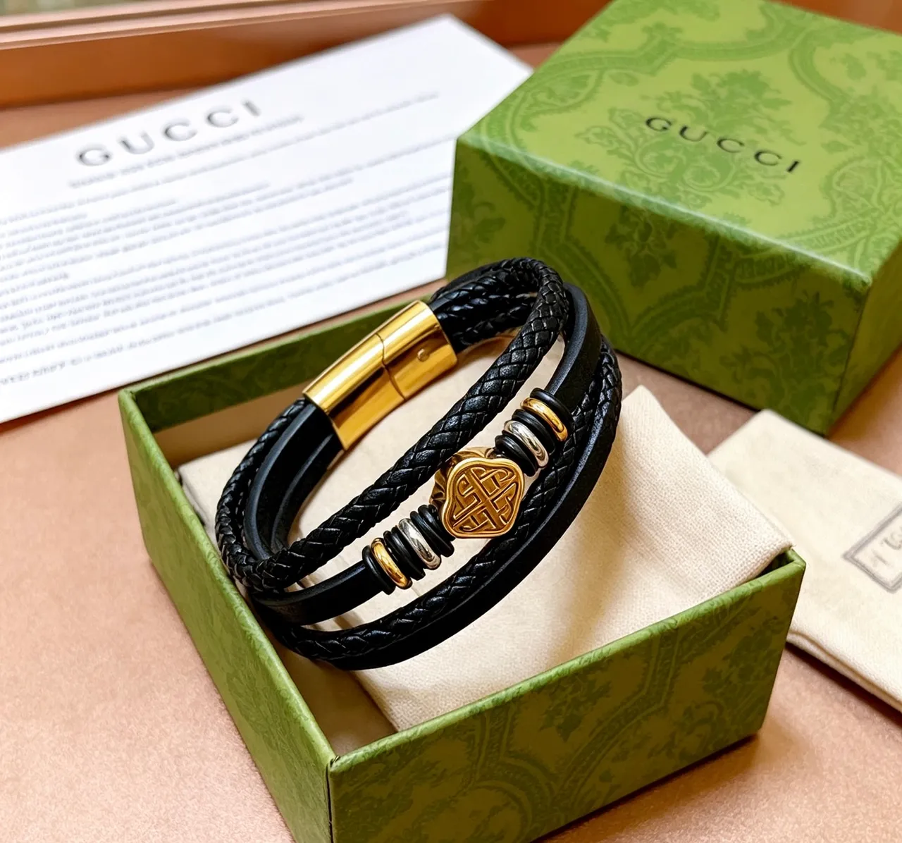 Gucci Black Gold Multi-Wrap Braided Leather Bracelet 2