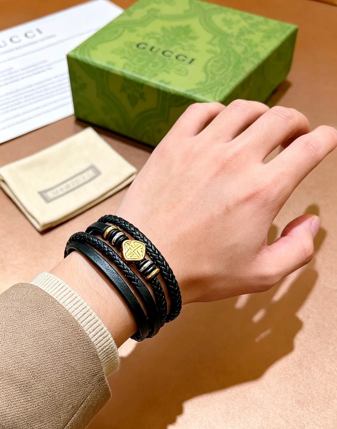 Gucci Black Gold Multi-Wrap Braided Leather Bracelet 3