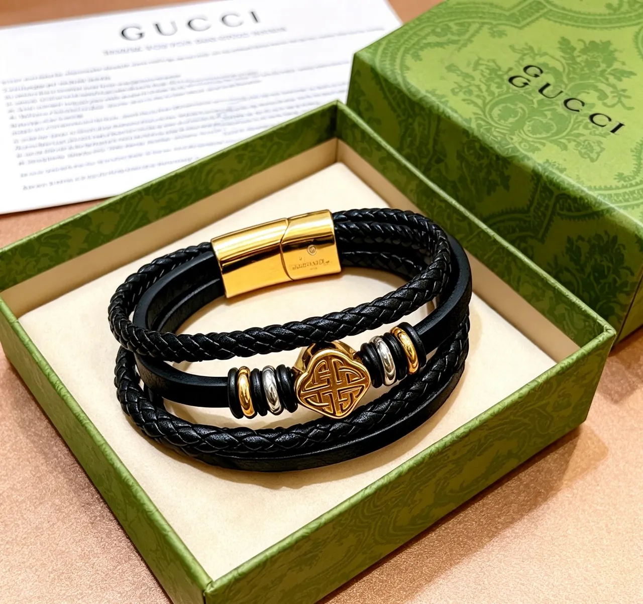 Gucci Black Gold Multi-Wrap Braided Leather Bracelet 4