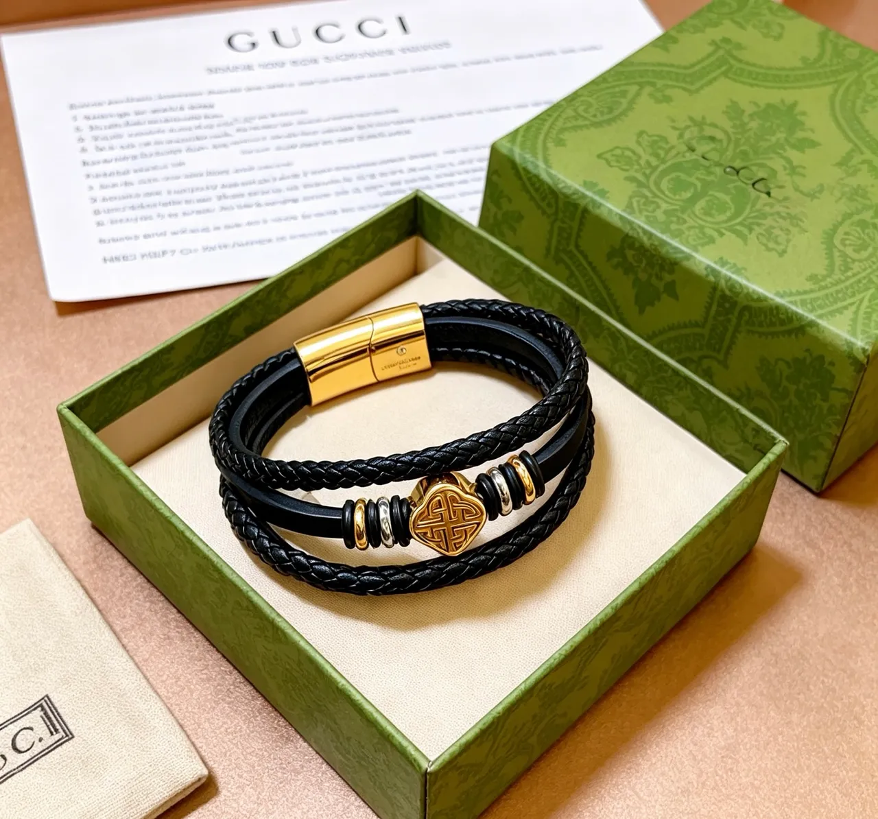 Gucci Black Gold Multi-Wrap Braided Leather Bracelet 5