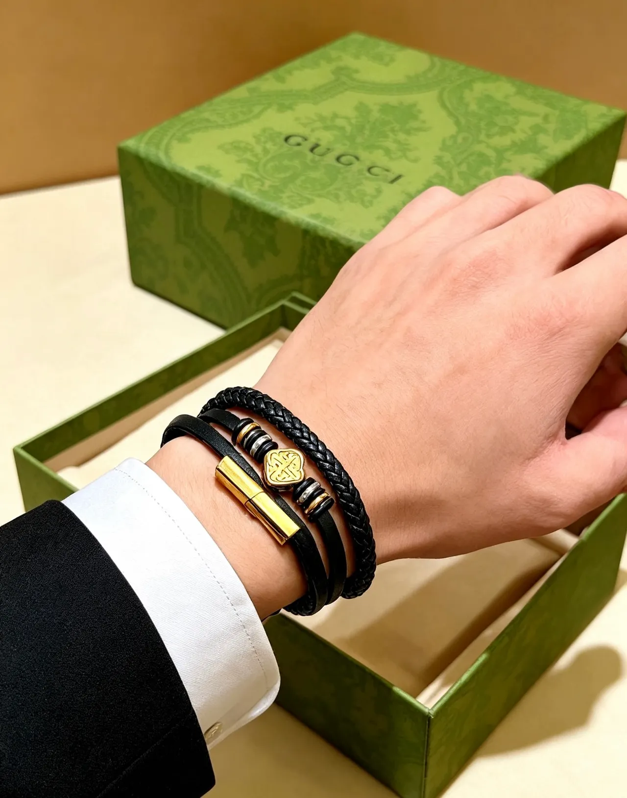 Gucci Black Gold Multi-Wrap Braided Leather Bracelet 6