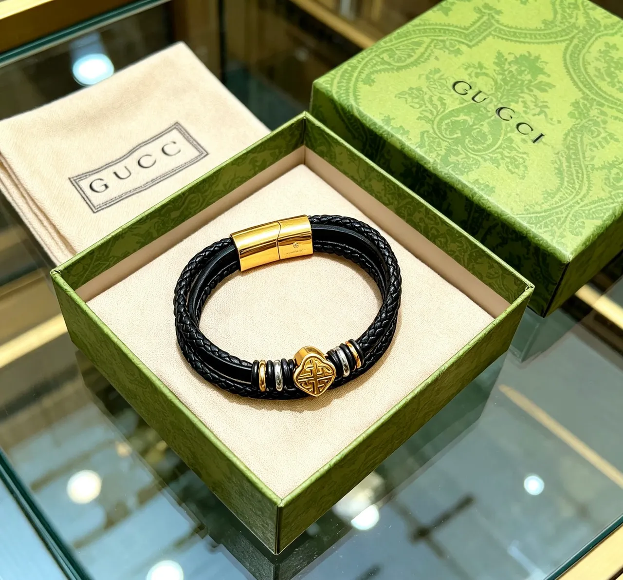 Gucci Black Gold Multi-Wrap Braided Leather Bracelet 7