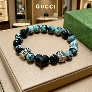 Gucci Black Green Beaded Marbled Stone Bracelet