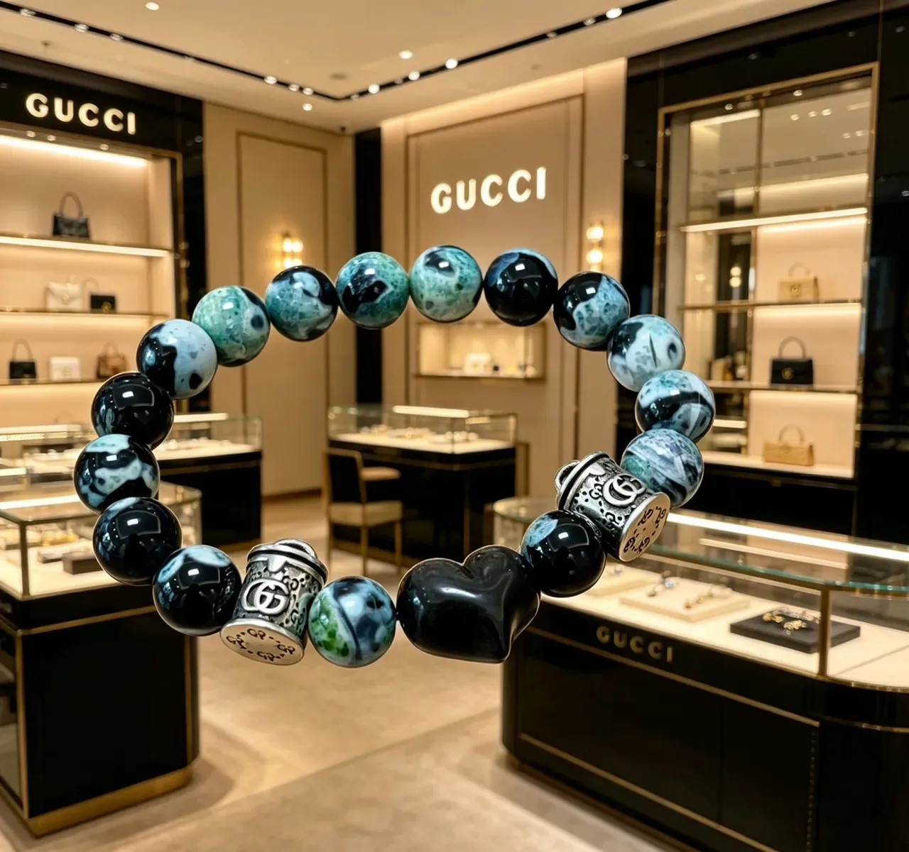 Gucci Black Green Beaded Marbled Stone Bracelet 4