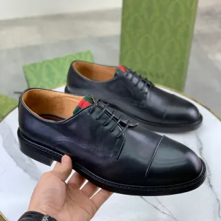 Gucci Black Green Cap-Toe Polished Leather Oxford Shoes