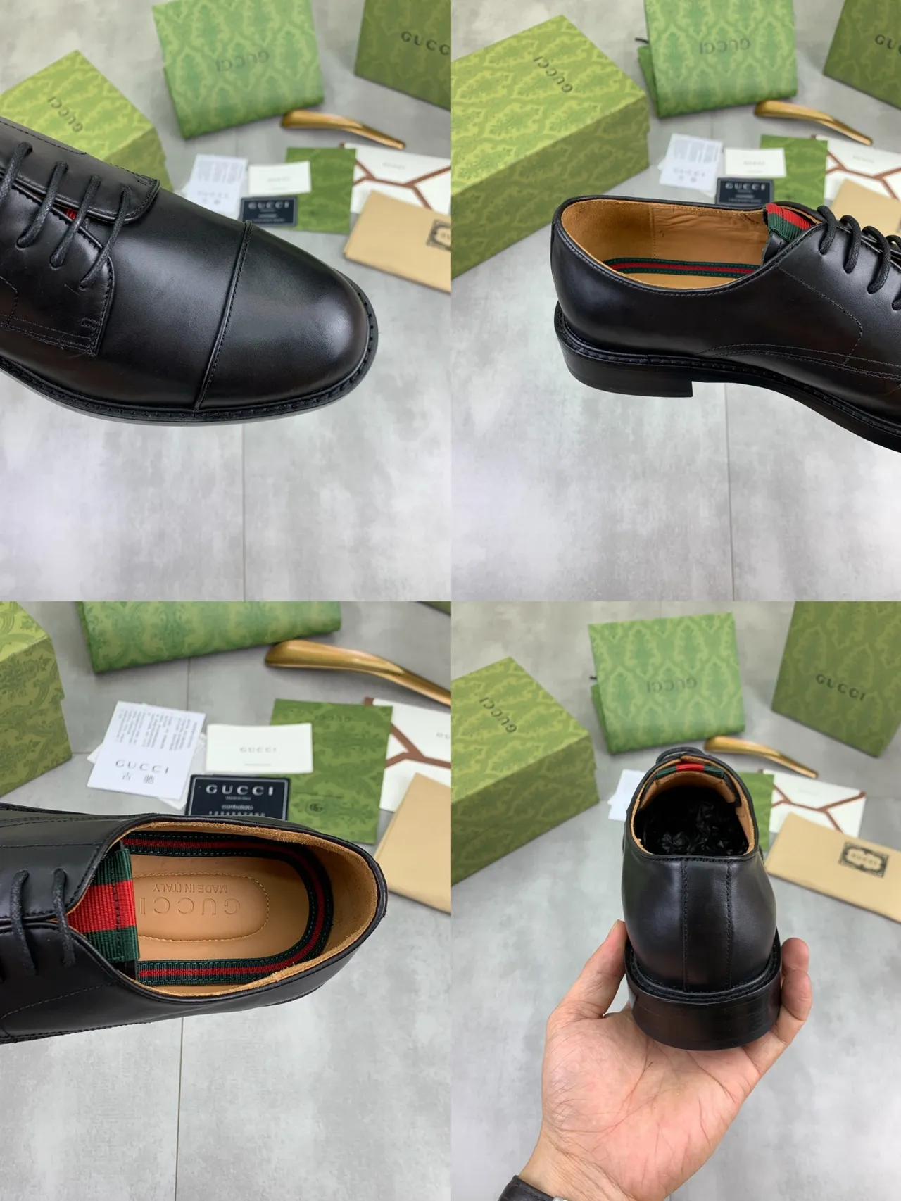 Gucci Chaussures Oxford en Cuir Poli avec Cap-Toe Noir et Vert 3