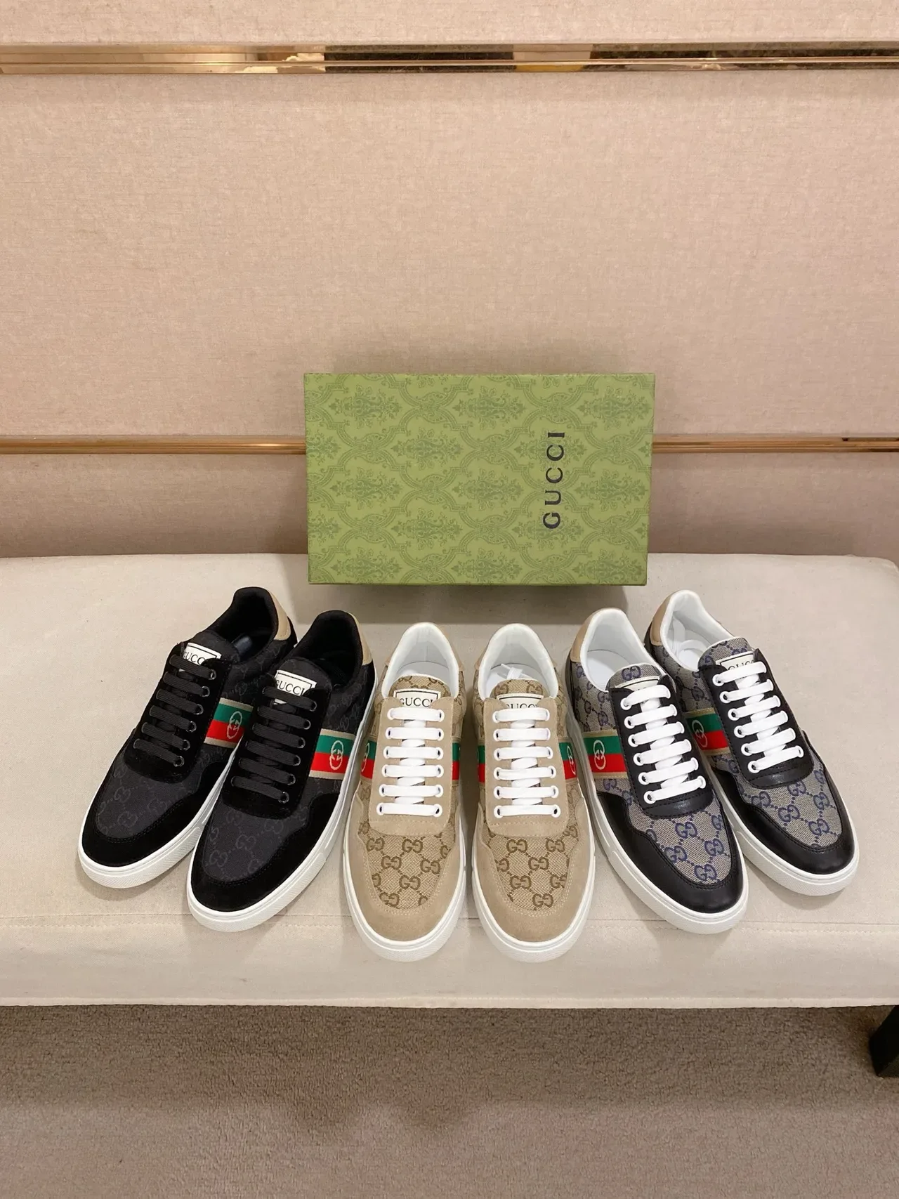 Gucci Noir Vert Low-Top Daim et Monogram Toile Haut Lifestyle Sneakers 2
