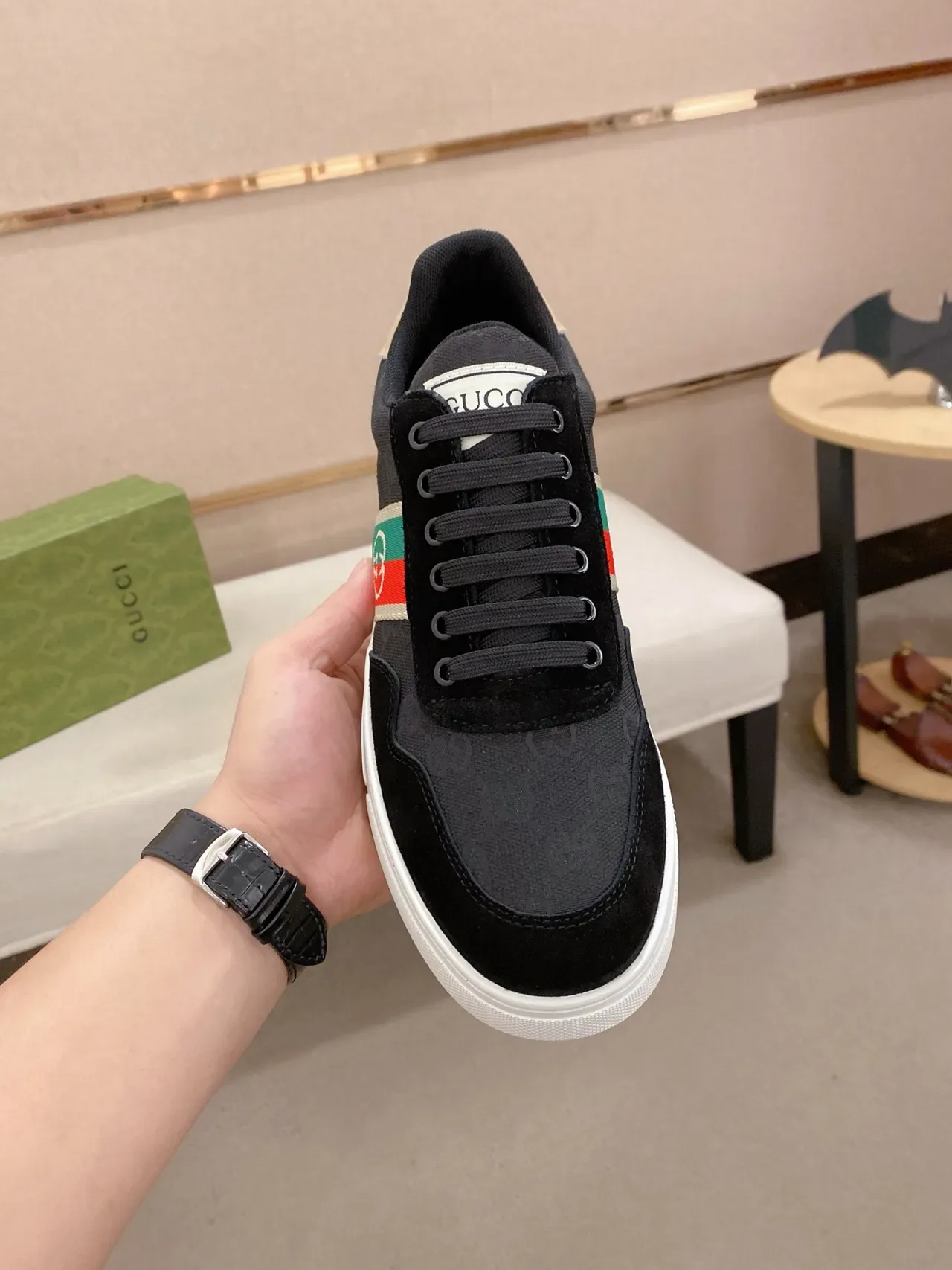 Gucci Noir Vert Low-Top Daim et Monogram Toile Haut Lifestyle Sneakers 6