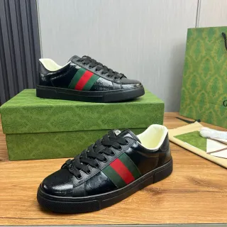 Gucci Black Green Patent Leather Upper Web Stripe Side Panel Lifestyle Sneakers