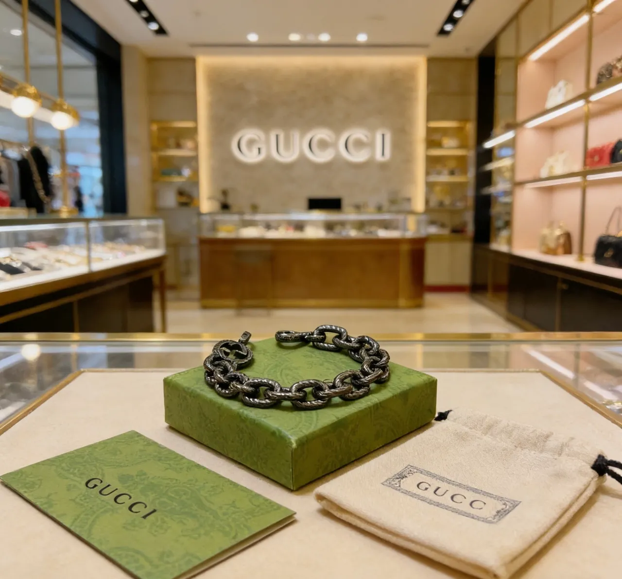 Gucci Black Green Twisted-Link Chain Oxidized Metal Finish Bracelet 2