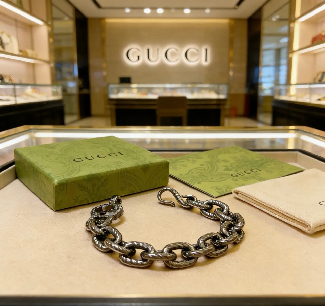 Gucci Black Green Twisted-Link Chain Oxidized Metal Finish Bracelet 3
