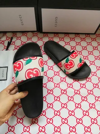 Gucci Black Multicolor Apple-Print Strap Footbed Slippers 5