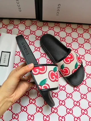 Gucci Black Multicolor Apple-Print Strap Footbed Slippers 7