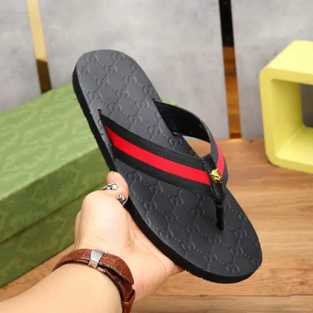Gucci Black Red GG Monogram Sole Web Stripe Strap Slippers 7