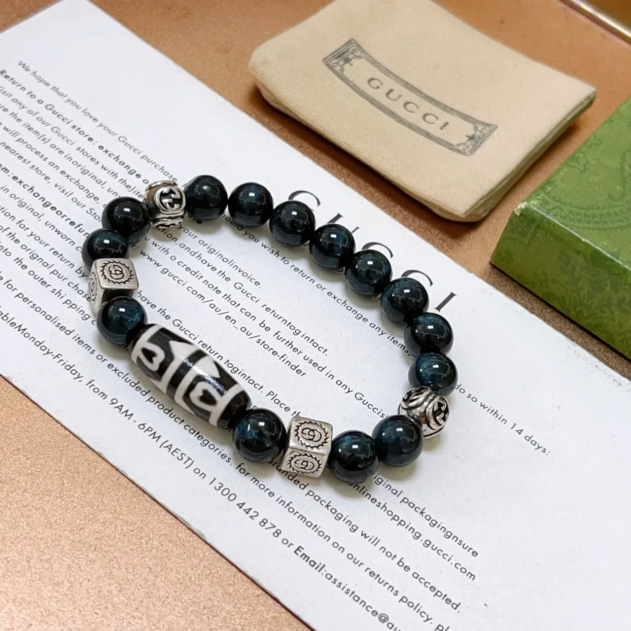 Gucci Black Silver Beaded Metal-Charm-Accented Bracelet 2