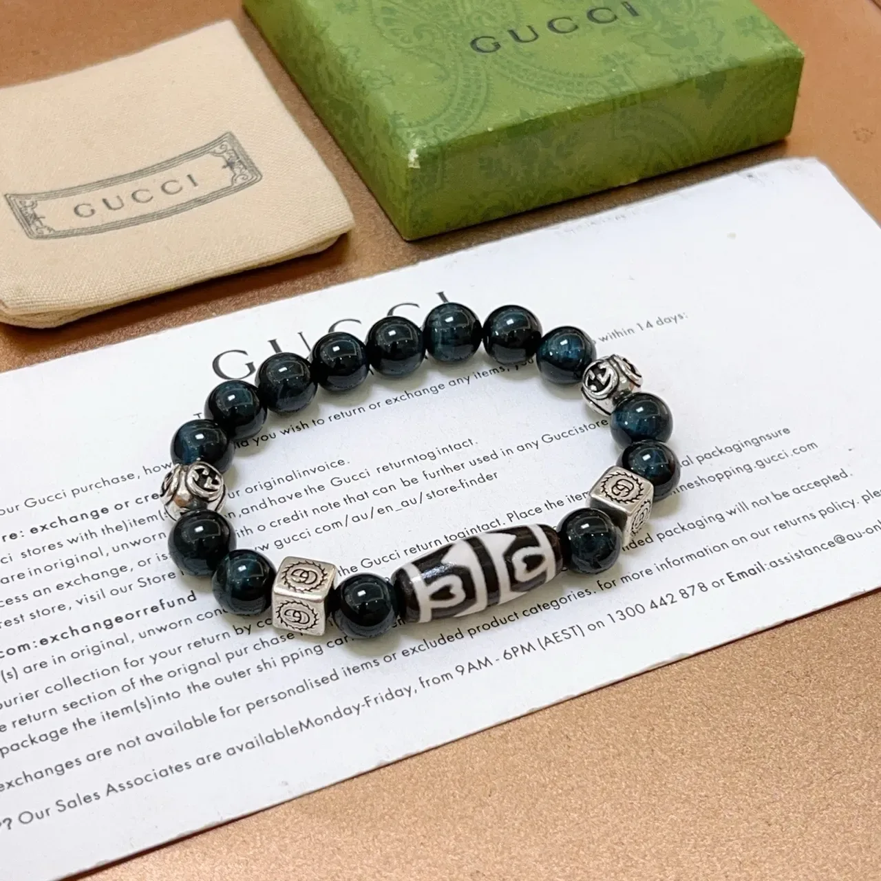 Gucci Black Silver Beaded Metal-Charm-Accented Bracelet 3