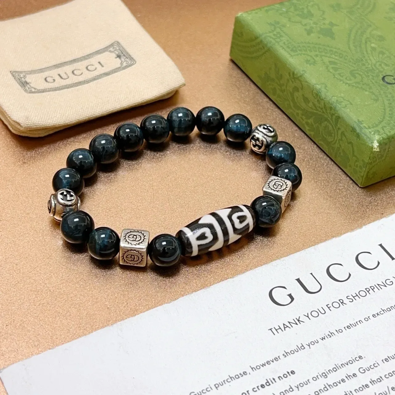 Gucci Black Silver Beaded Metal-Charm-Accented Bracelet 6