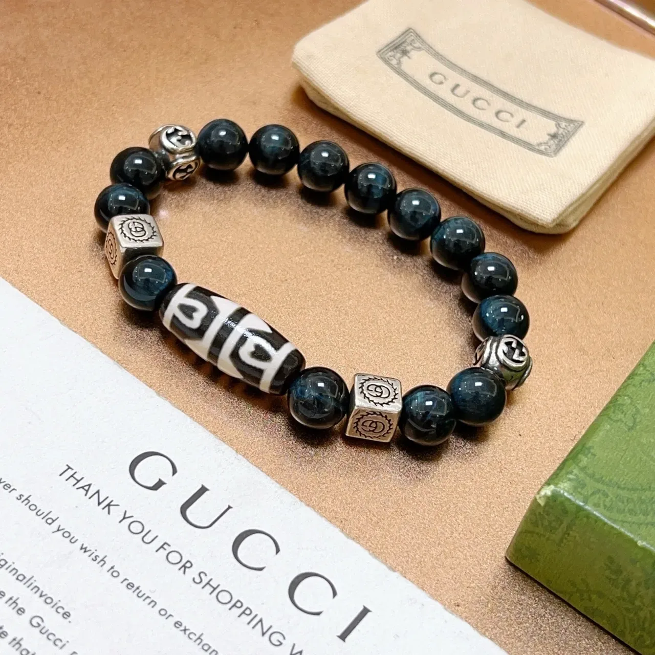 Gucci Black Silver Beaded Metal-Charm-Accented Bracelet 9