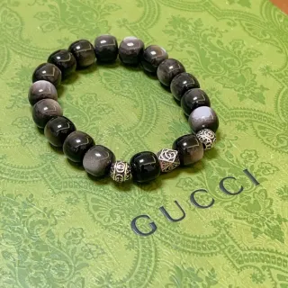 Gucci Black Silver Beaded Stone And Metal Bracelet