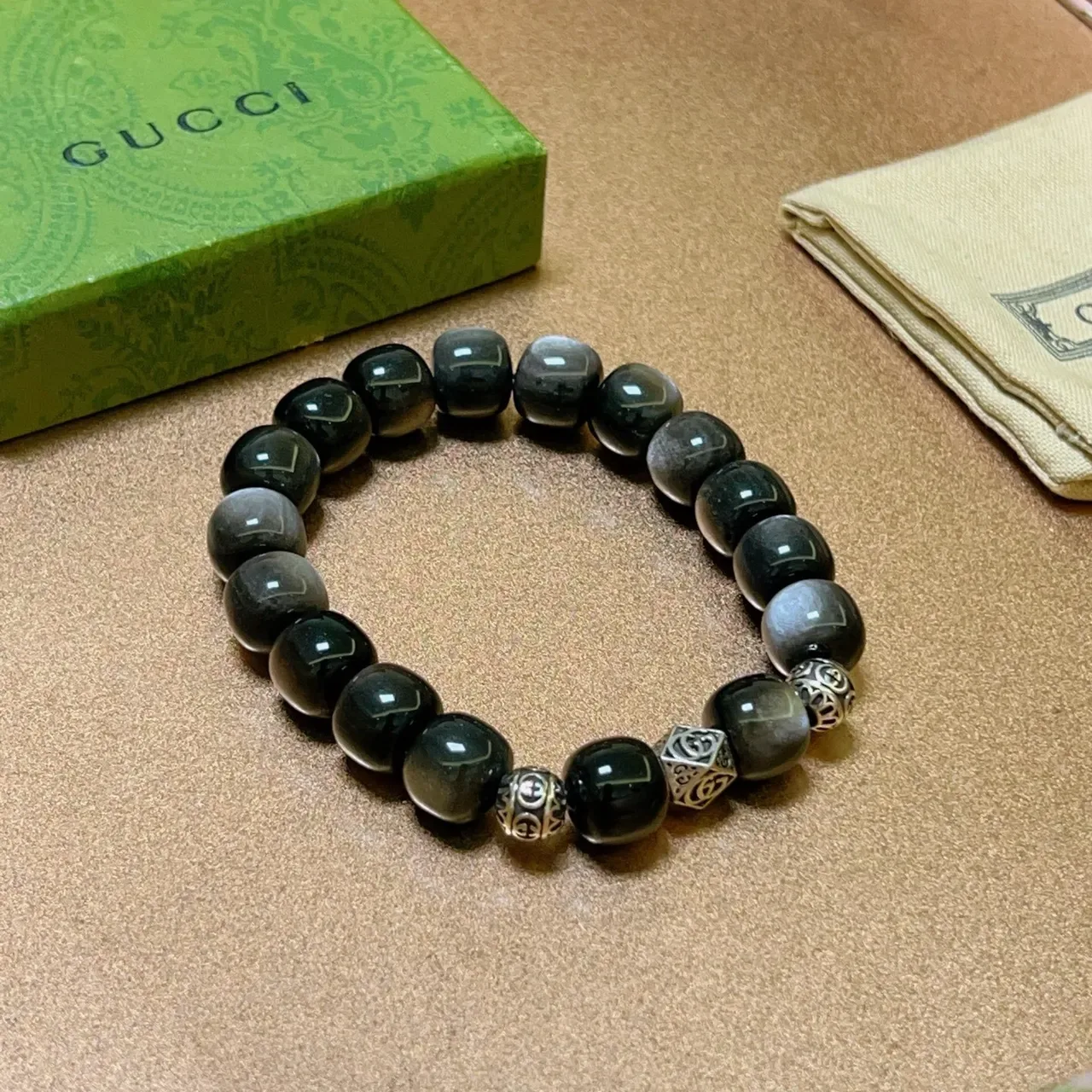 Gucci Black Silver Beaded Stone And Metal Bracelet 2
