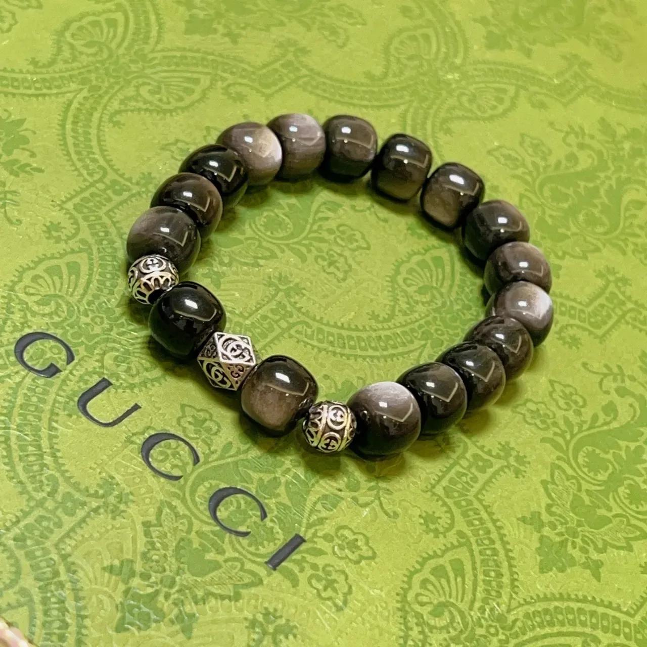 Gucci Black Silver Beaded Stone And Metal Bracelet 3