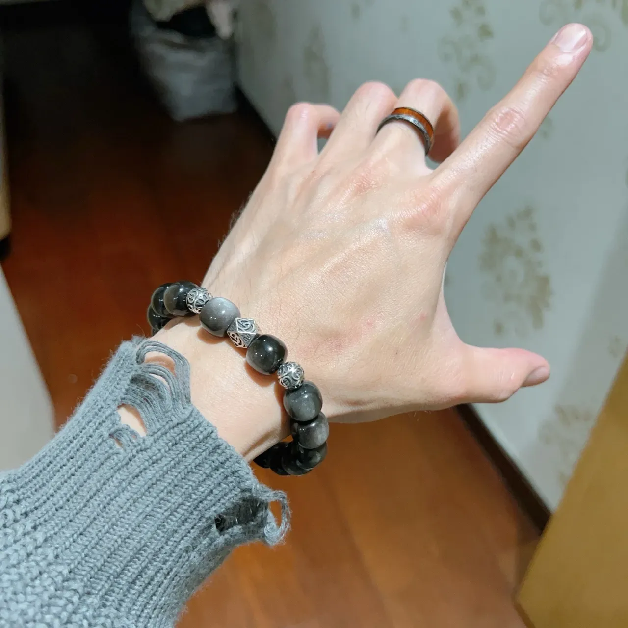 Gucci Black Silver Beaded Stone And Metal Bracelet 4