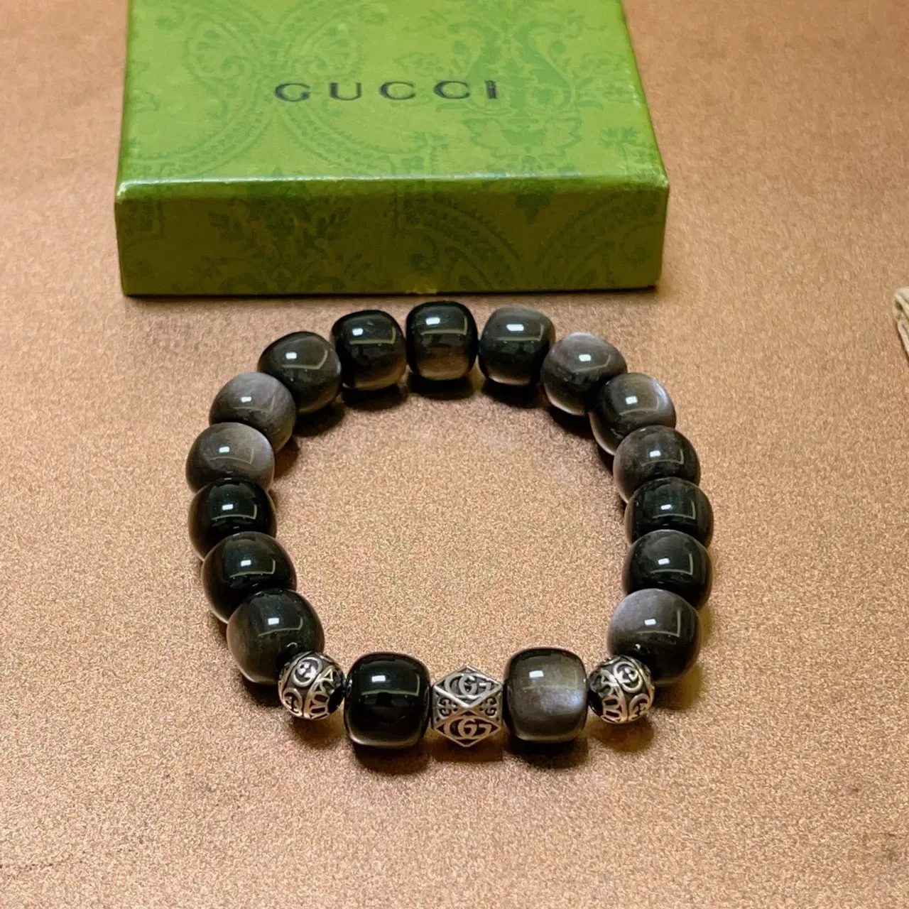 Gucci Black Silver Beaded Stone And Metal Bracelet 5