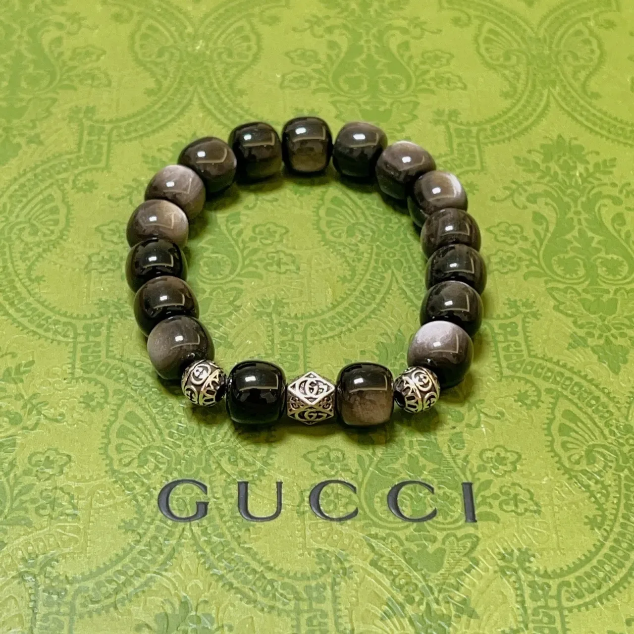 Gucci Black Silver Beaded Stone And Metal Bracelet 6