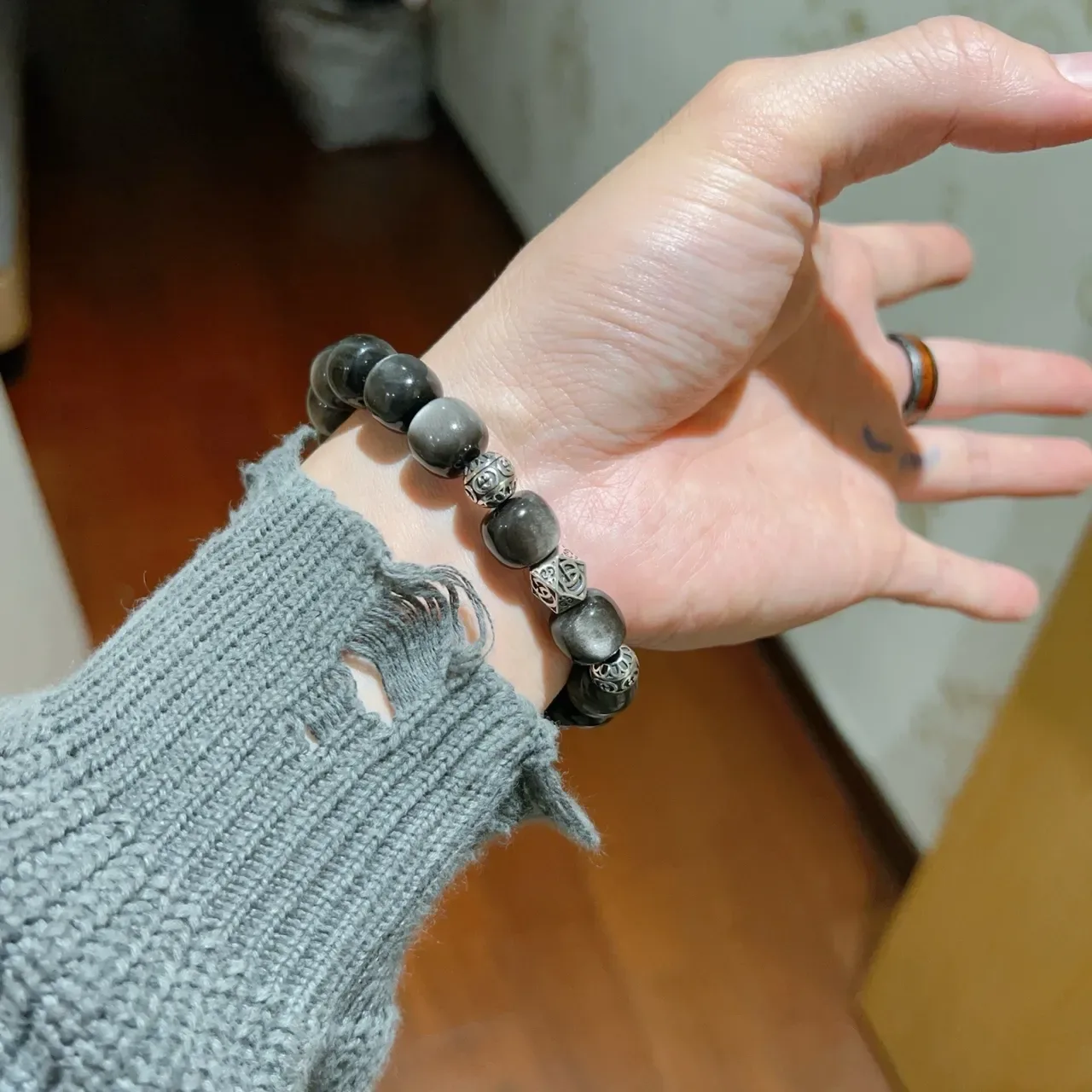 Gucci Black Silver Beaded Stone And Metal Bracelet 7