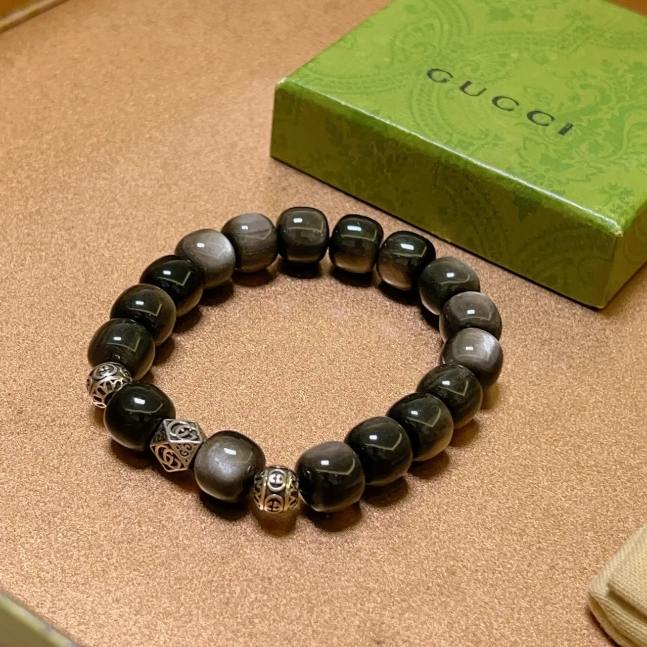 Gucci Black Silver Beaded Stone And Metal Bracelet 9