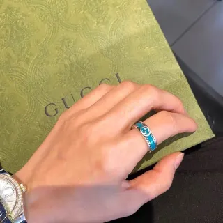 Gucci Blue Silver Enamel Inlay Interlocking G Logo Ring
