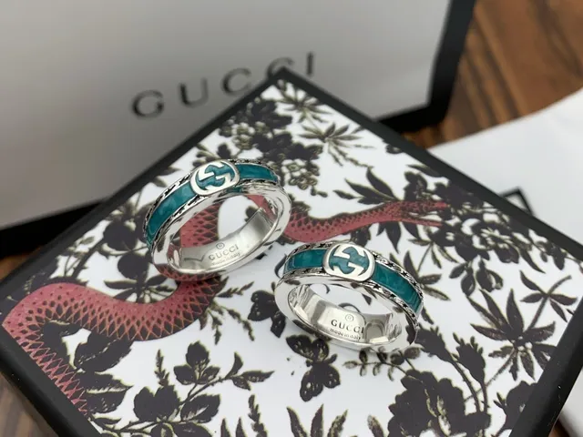 Gucci Blue Silver Enamel Inlay Interlocking G Logo Ring 2