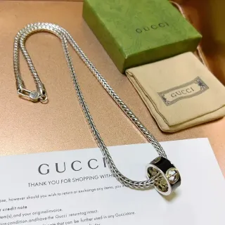 Gucci Braided Chain Black Enamel Interlocking G Ring Necklace