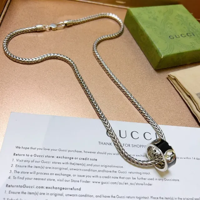 Gucci Braided Chain Black Enamel Interlocking G Ring Necklace 3