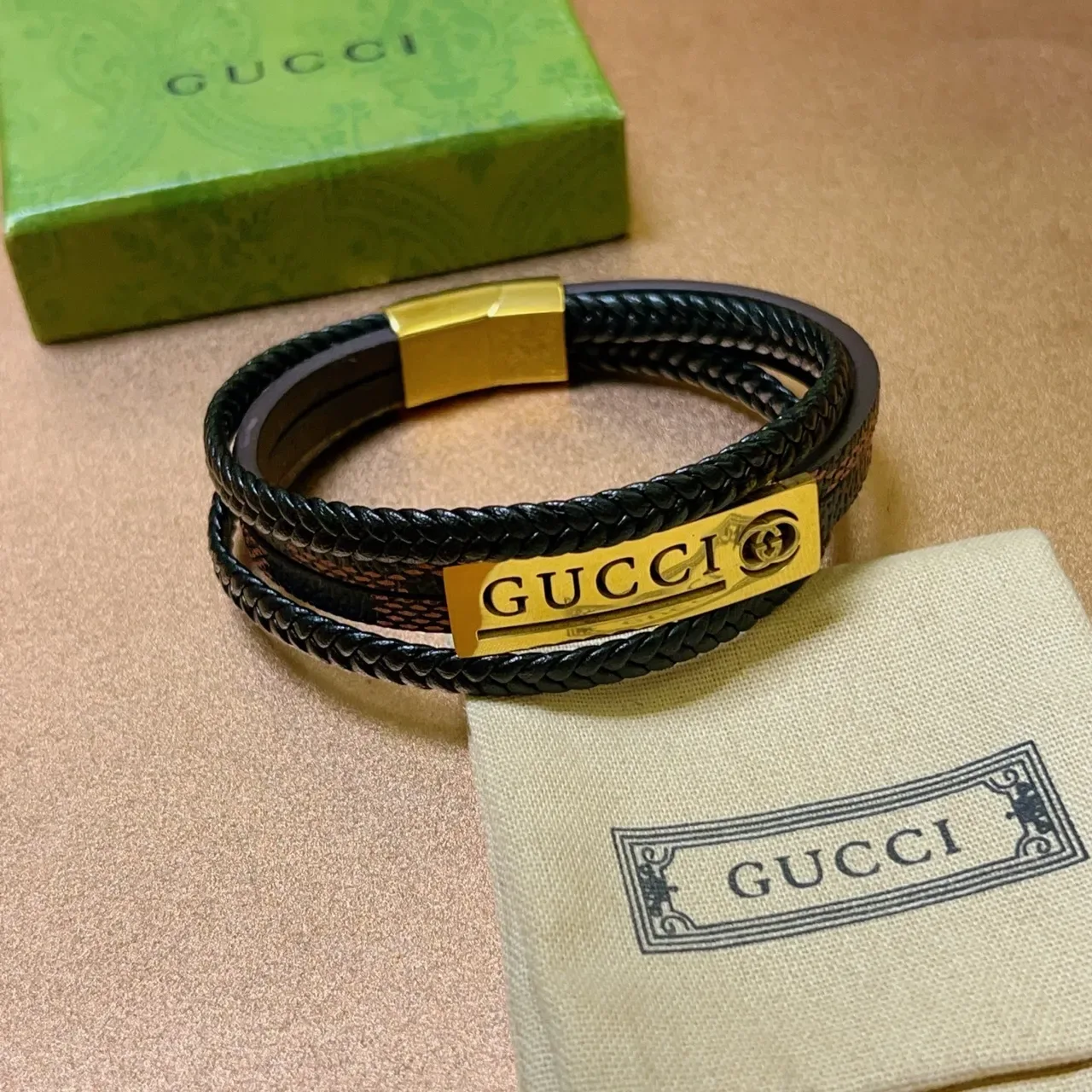 Gucci Braided Leather Multi-Wrap Gold Plaque Bracelet 3