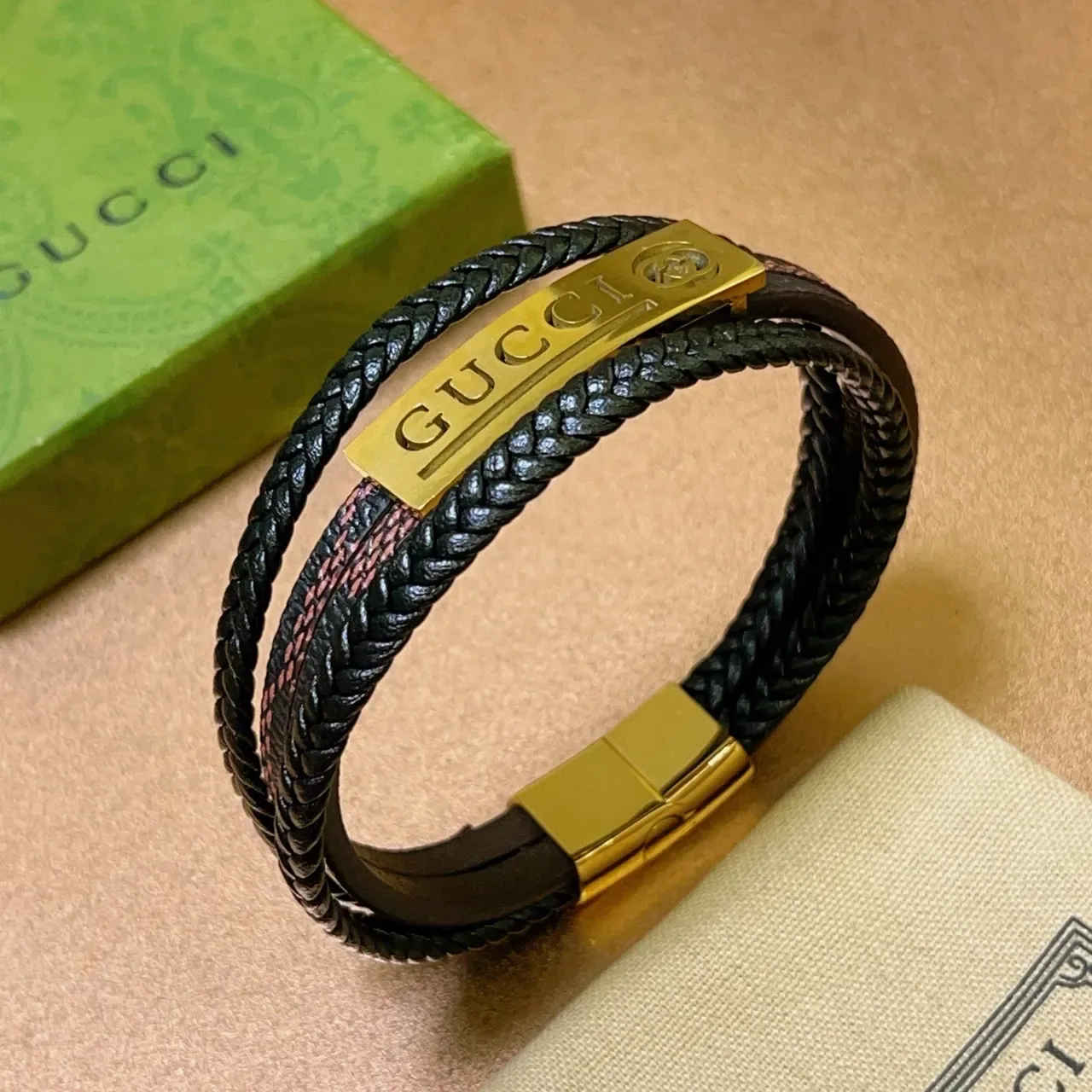 Gucci Braided Leather Multi-Wrap Gold Plaque Bracelet 4