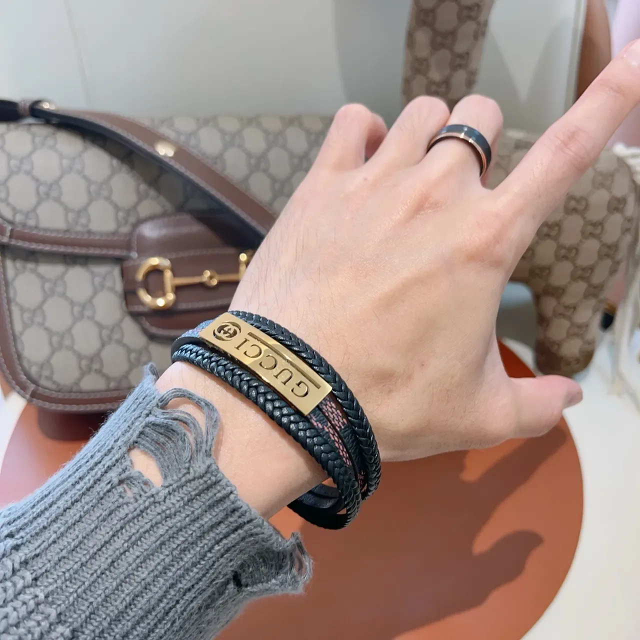 Gucci Braided Leather Multi-Wrap Gold Plaque Bracelet 5
