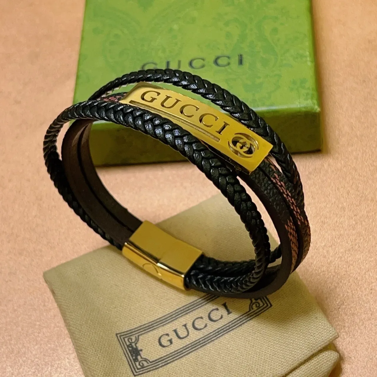 Gucci Braided Leather Multi-Wrap Gold Plaque Bracelet 6
