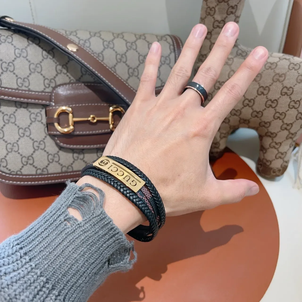 Gucci Braided Leather Multi-Wrap Gold Plaque Bracelet 9