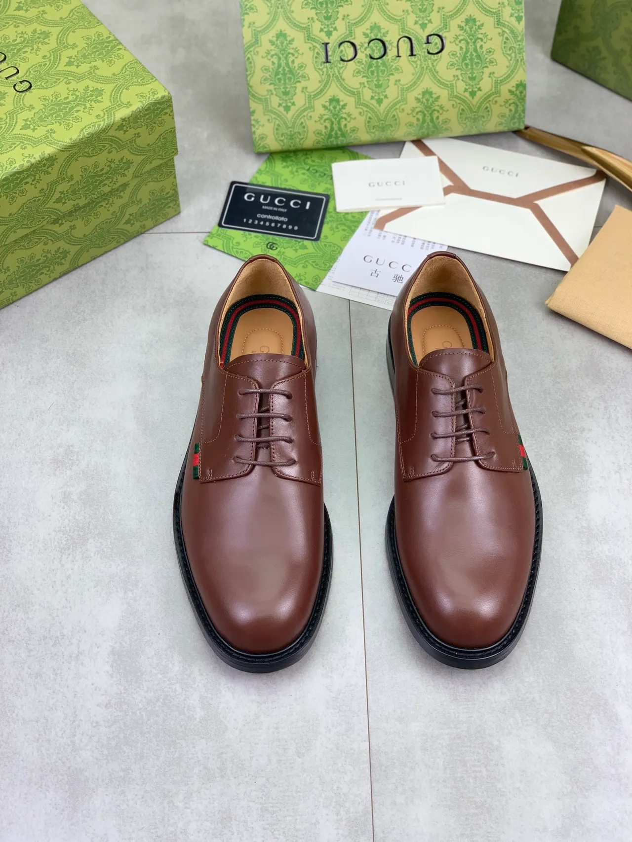 Gucci Brown Black Smooth Leather Open-Lace Construction Derby Shoes 5