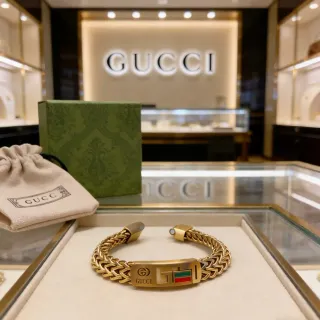 Gucci Chain Bracelet Gold Multicolor Braided Green-Red-Green Stripe Enamel Bracelet