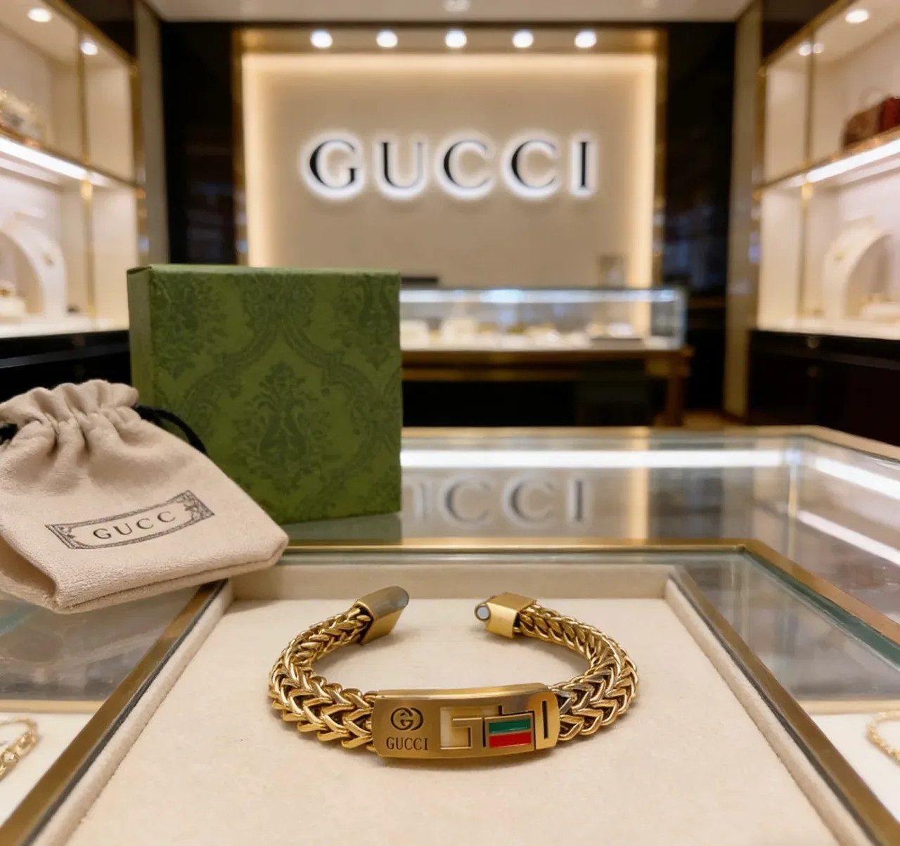 Gucci Chain Bracelet Gold Multicolor Braided Green-Red-Green Stripe Enamel Bracelet 1