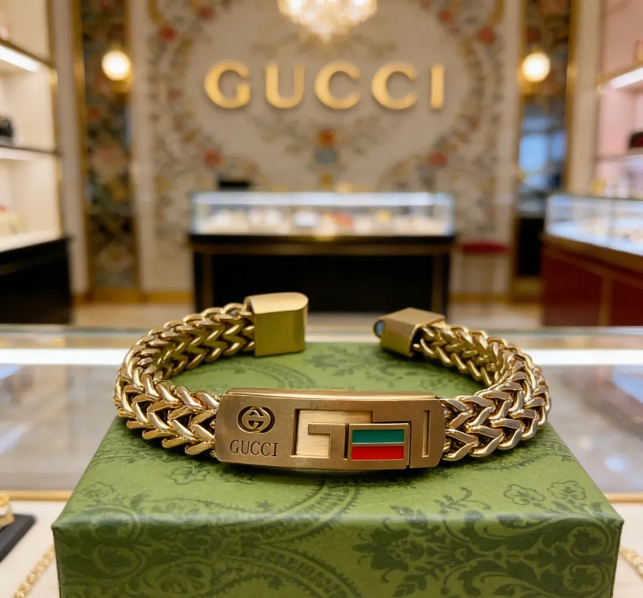 Gucci Chain Bracelet Gold Multicolor Braided Green-Red-Green Stripe Enamel Bracelet 3