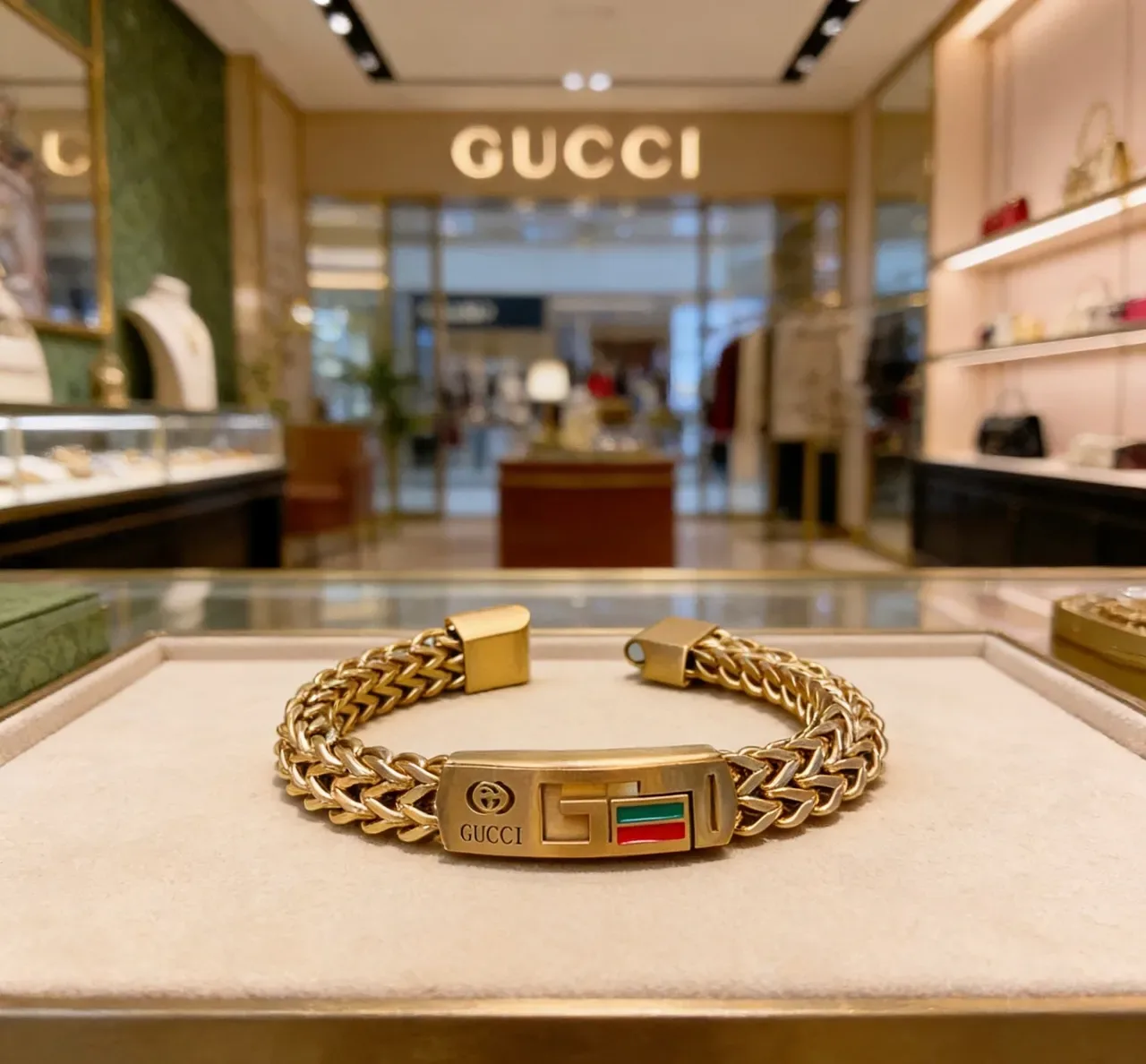 Gucci Chain Bracelet Gold Multicolor Braided Green-Red-Green Stripe Enamel Bracelet 7
