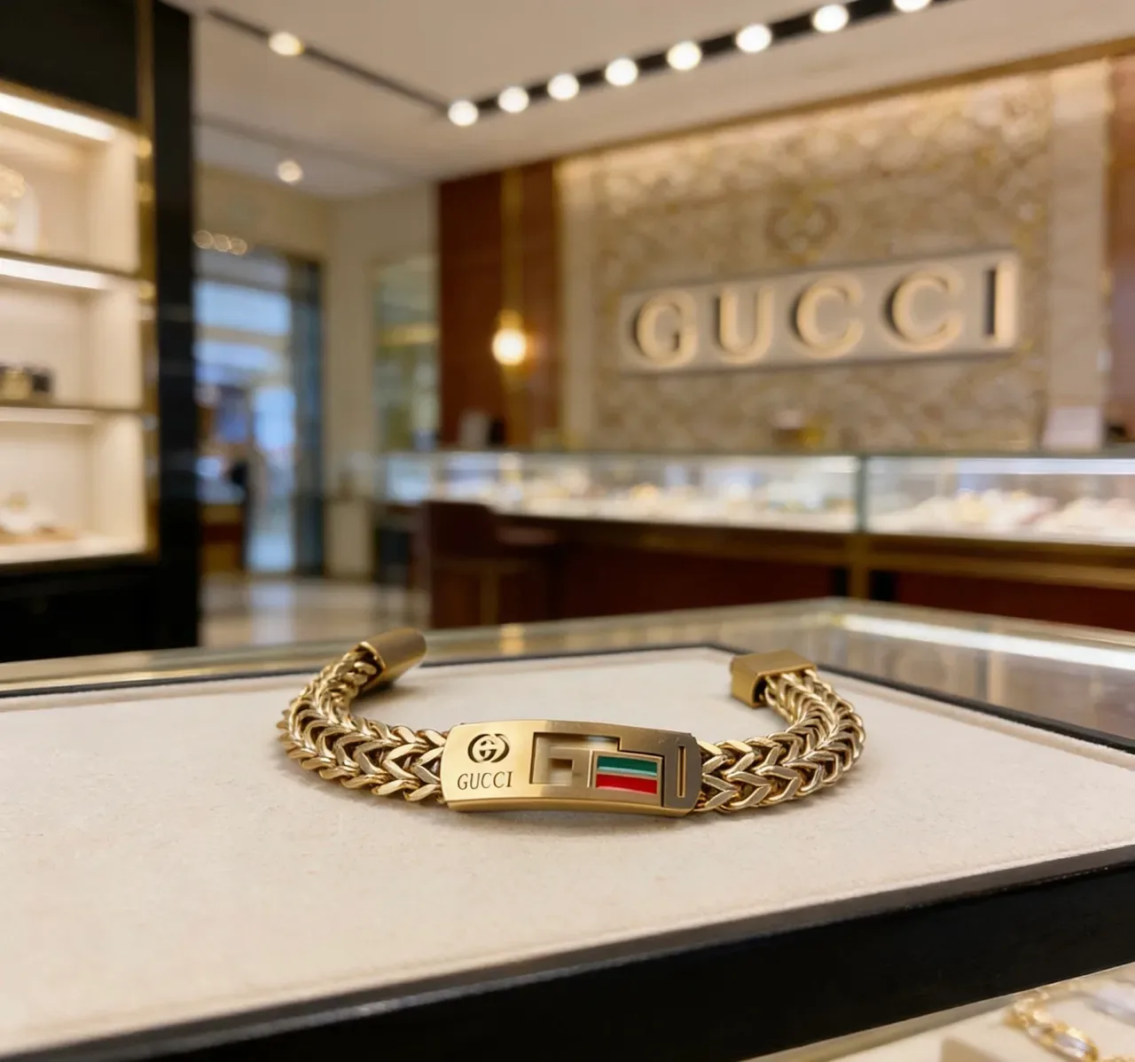 Gucci Chain Bracelet Gold Multicolor Braided Green-Red-Green Stripe Enamel Bracelet 9