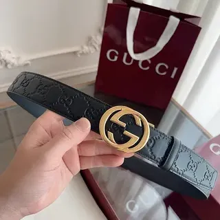 Gucci Double G Belt Black Gold Embossed GG Monogram Leather Belt